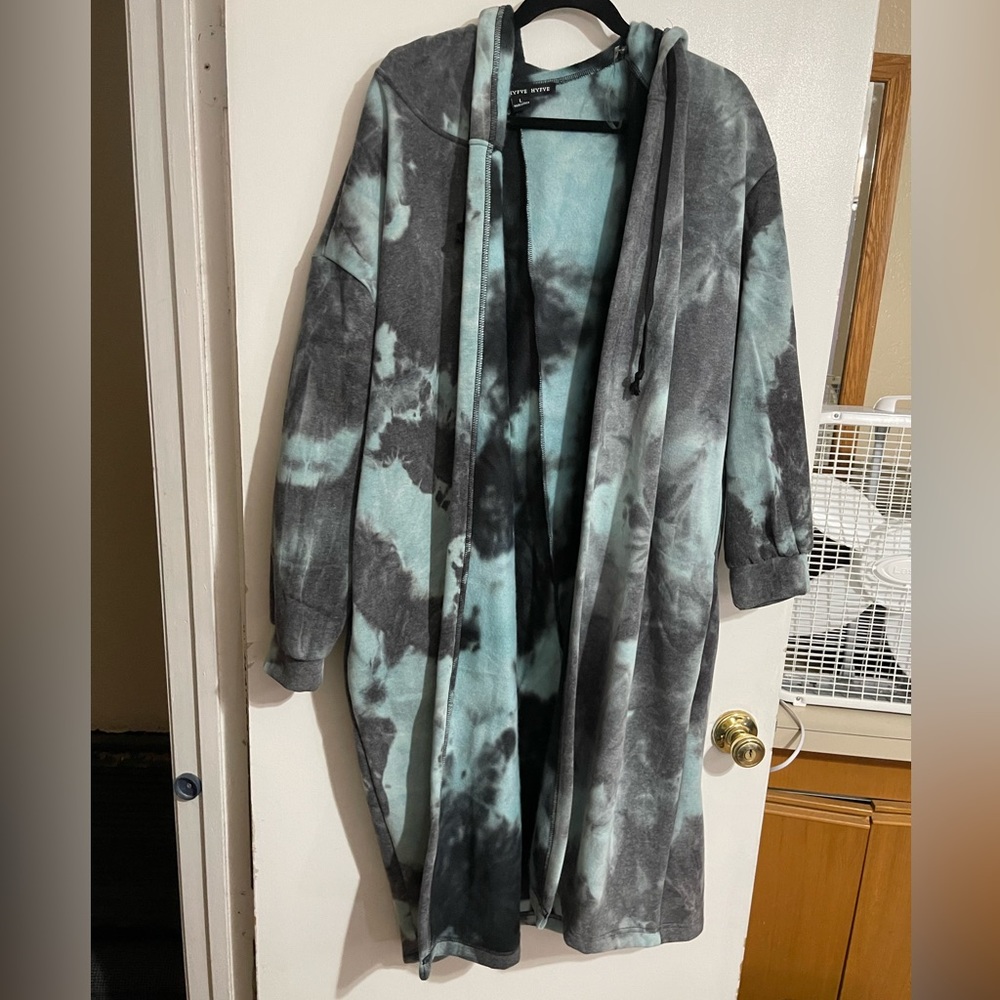 Long sweatshirt material cardigan with hood and pockets! So cozy!